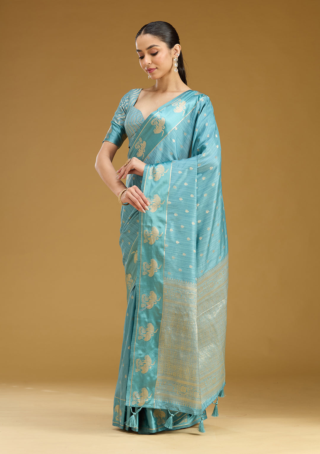 Sky Blue Silk Buti Gold Zariwork Saree With Matching Blouse Piece