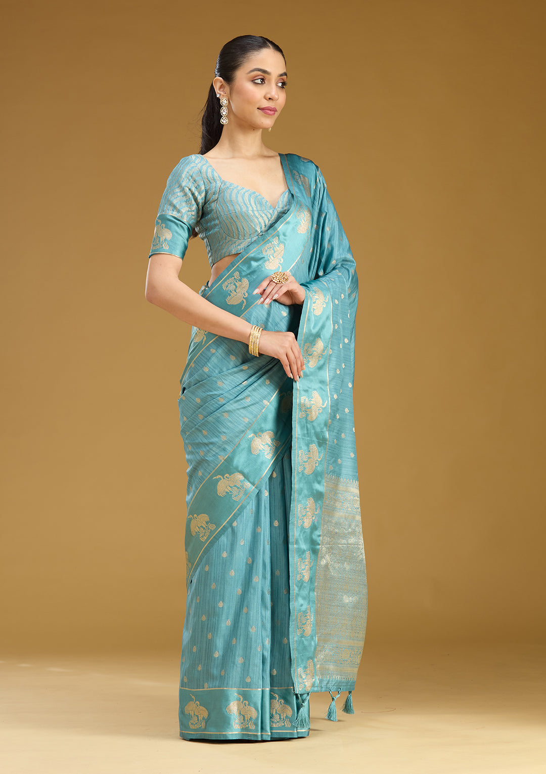 Sky Blue Silk Buti Gold Zariwork Saree With Matching Blouse Piece