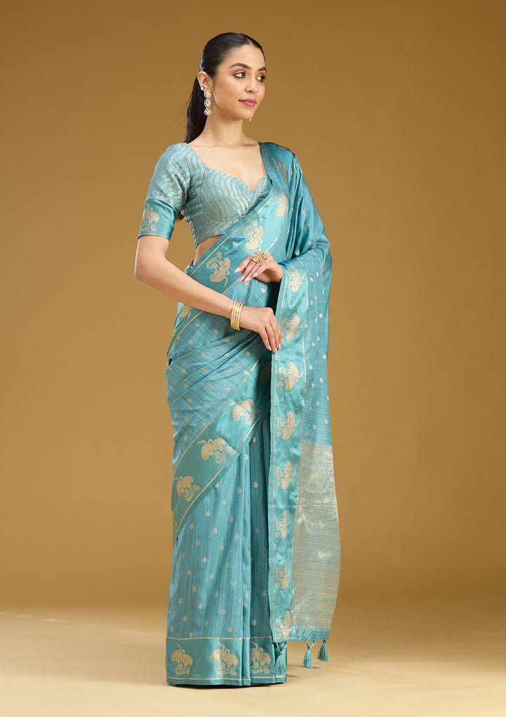 Sky Blue Silk Buti Gold Zariwork Saree With Matching Blouse Piece