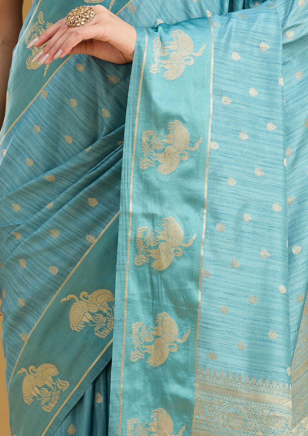 Sky Blue Silk Buti Gold Zariwork Saree With Matching Blouse Piece