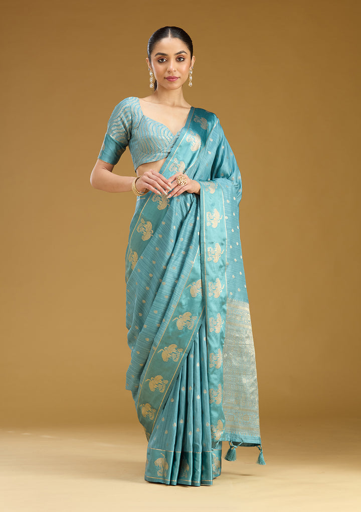 Sky Blue Silk Buti Gold Zariwork Saree With Matching Blouse Piece
