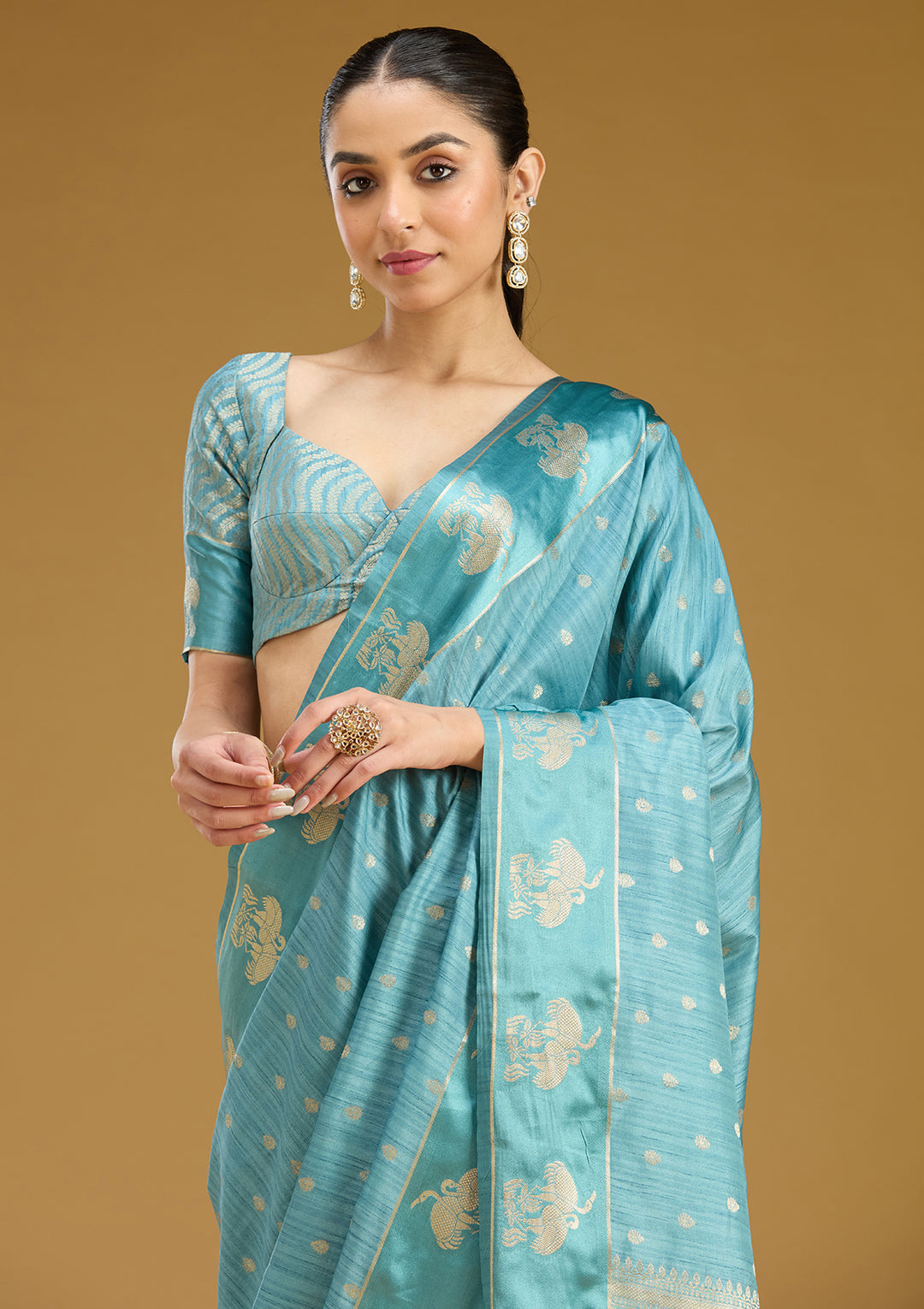 Sky Blue Silk Buti Gold Zariwork Saree With Matching Blouse Piece