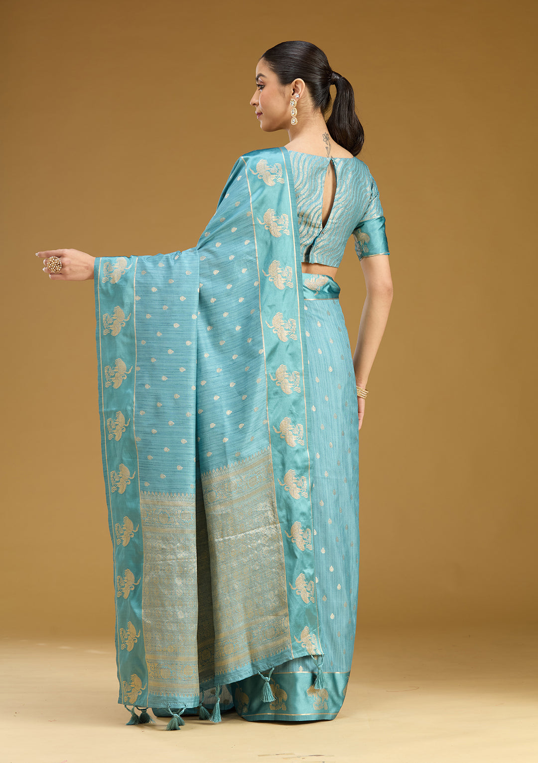 Sky Blue Silk Buti Gold Zariwork Saree With Matching Blouse Piece