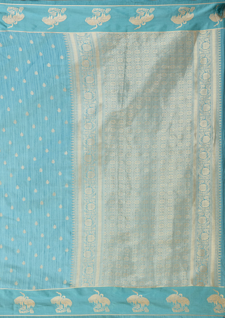 Sky Blue Silk Buti Gold Zariwork Saree With Matching Blouse Piece