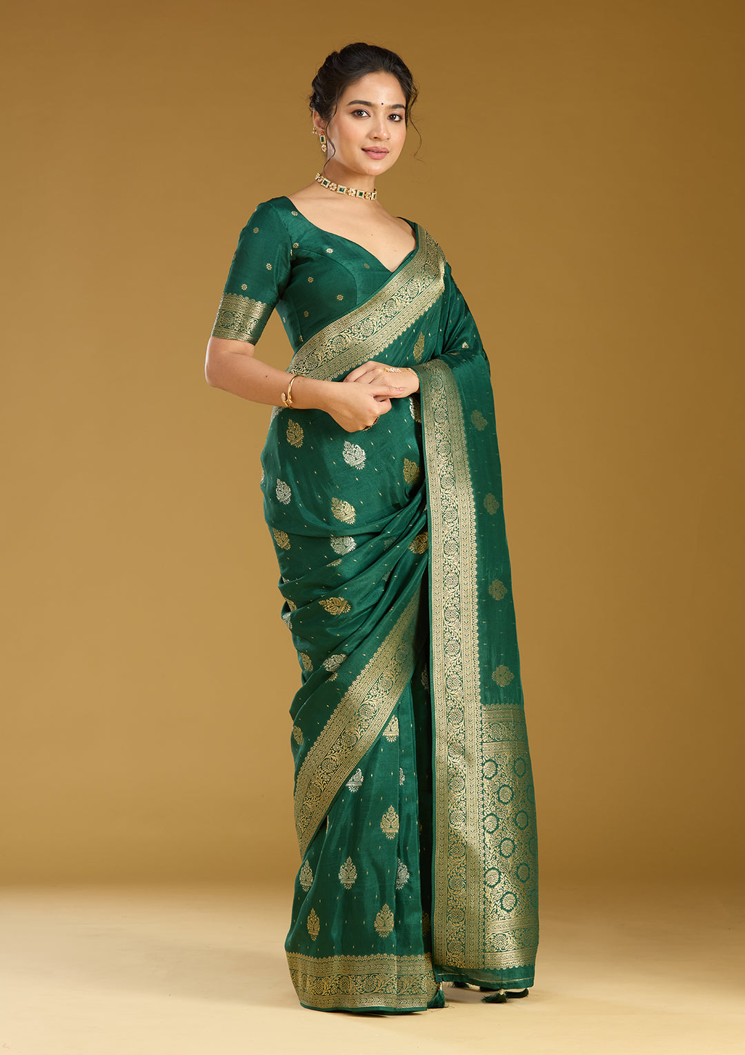 Bottle Green Zariwork (Gold) Silk Saree