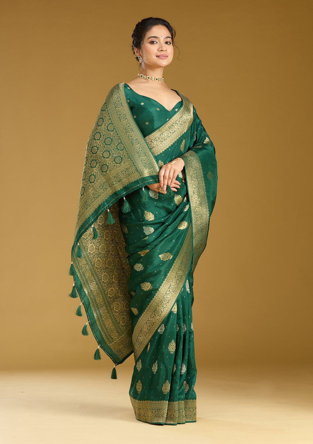 Bottle Green Zariwork (Gold) Silk Saree