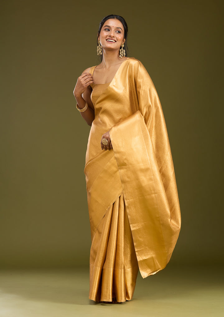 Gold Silk Jaal Gold Zardozi Saree With Matching Blouse Piece