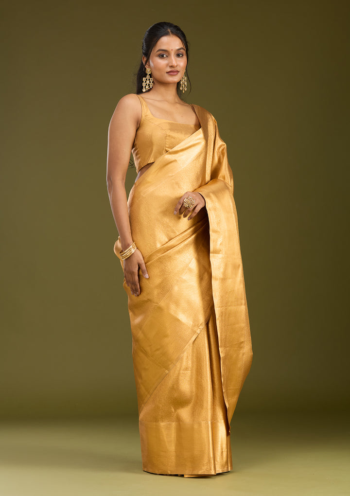 Gold Silk Jaal Gold Zardozi Saree With Matching Blouse Piece