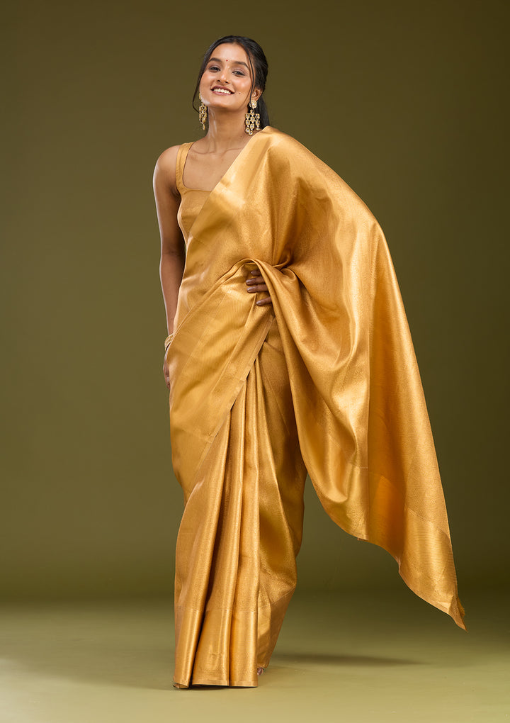 Gold Silk Jaal Gold Zardozi Saree With Matching Blouse Piece