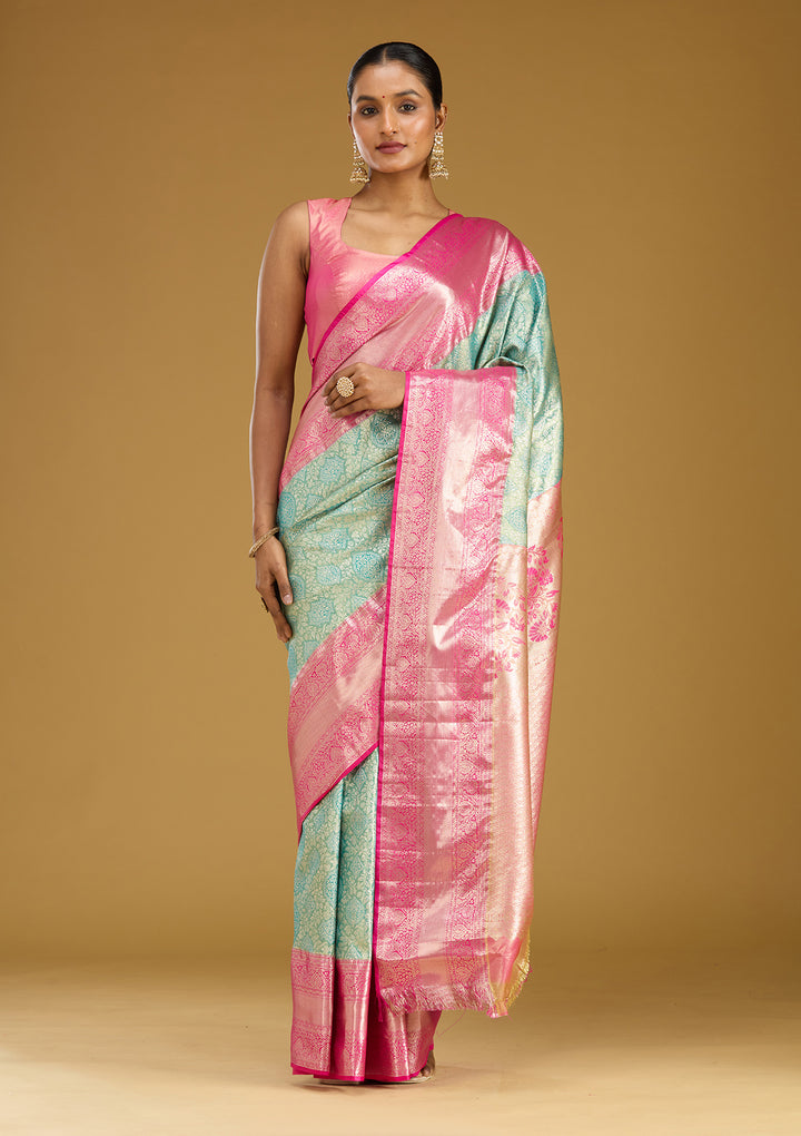 Mehendi Silk Jaal Gold Zariwork Saree With Matching Blouse Piece