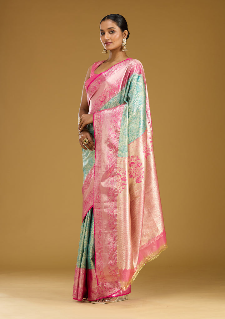Mehendi Silk Jaal Gold Zariwork Saree With Matching Blouse Piece