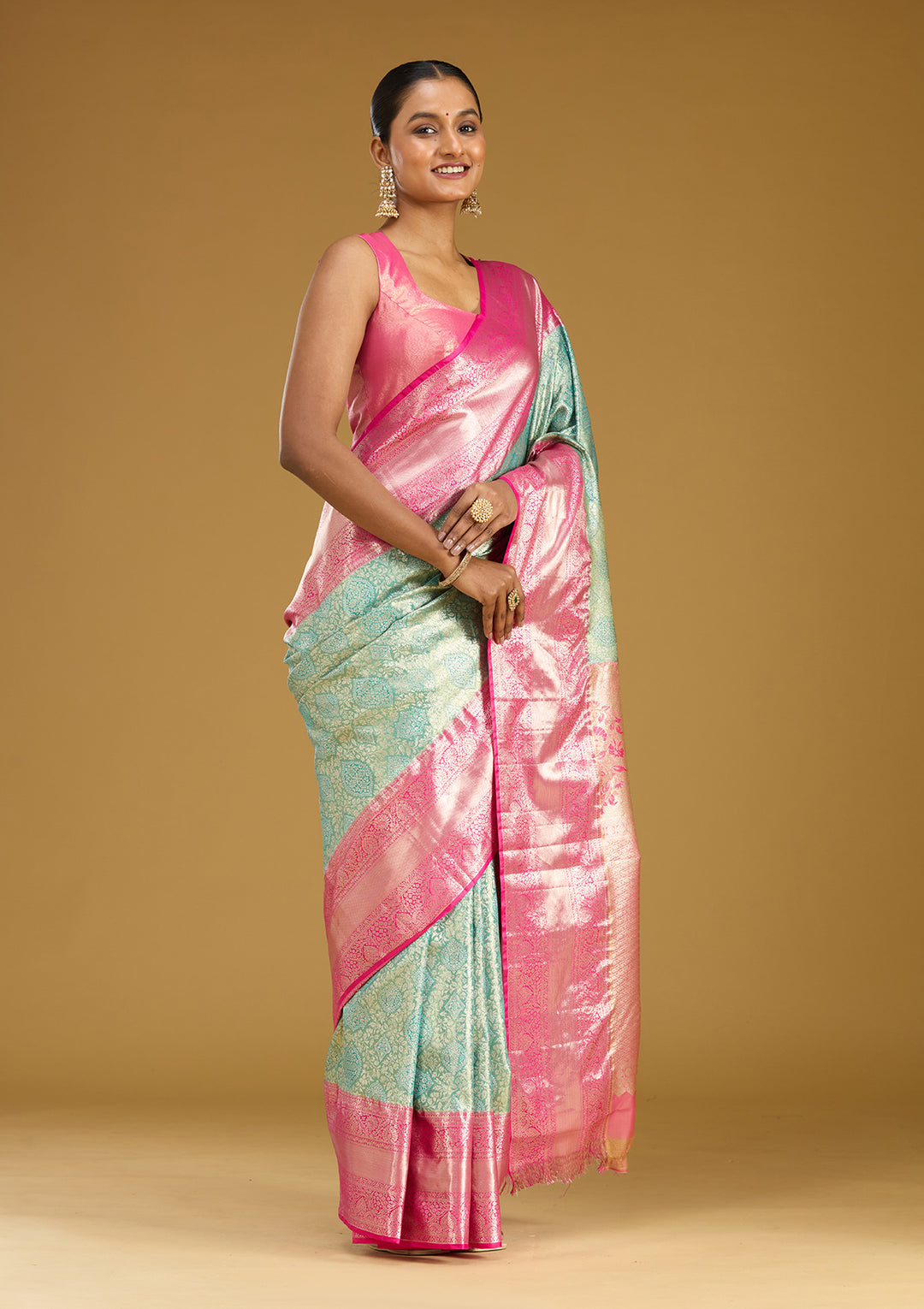 Mehendi Silk Jaal Gold Zariwork Saree With Matching Blouse Piece