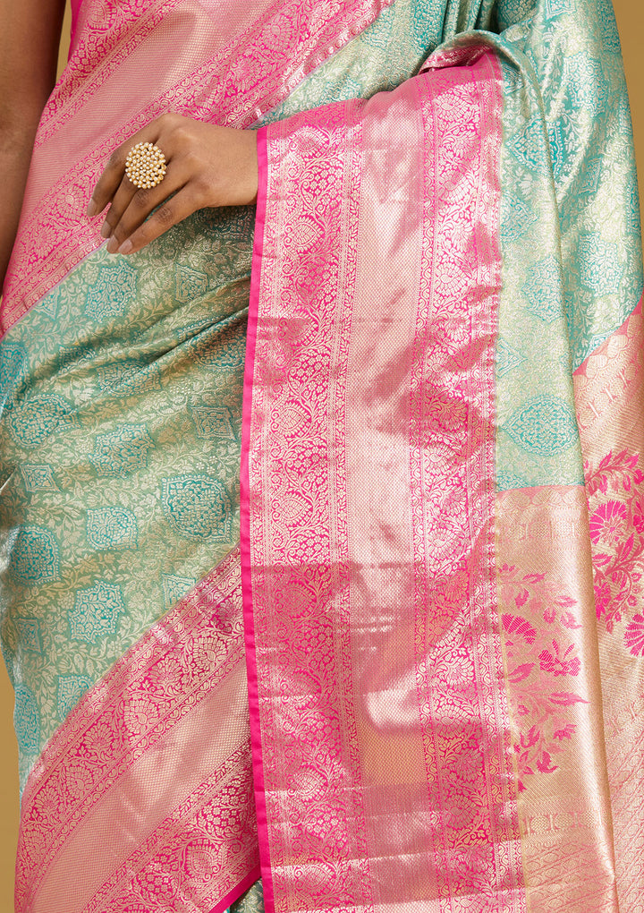 Mehendi Silk Jaal Gold Zariwork Saree With Matching Blouse Piece