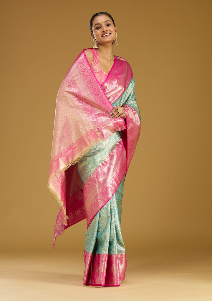 Mehendi Silk Jaal Gold Zariwork Saree With Matching Blouse Piece