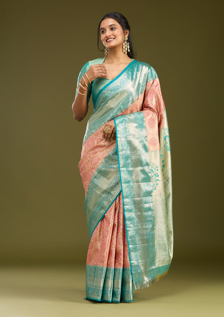 Orange Silk Jaal Gold Zariwork Saree With Matching Blouse Piece