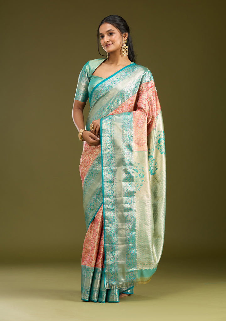 Orange Silk Jaal Gold Zariwork Saree With Matching Blouse Piece