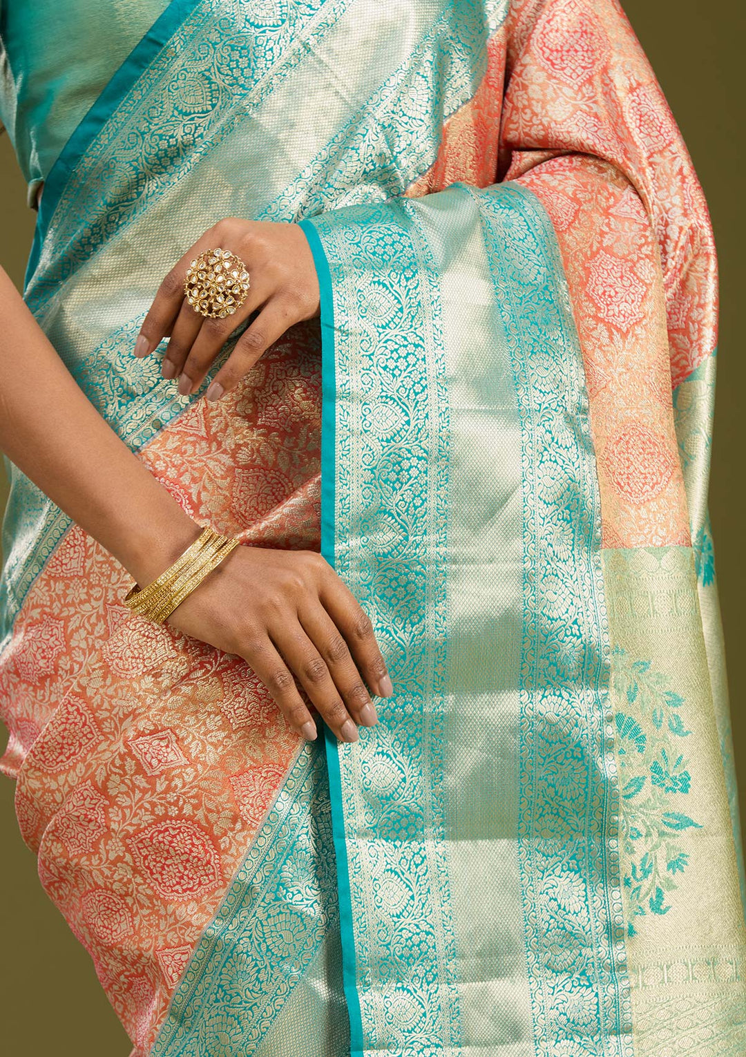 Orange Silk Jaal Gold Zariwork Saree With Matching Blouse Piece