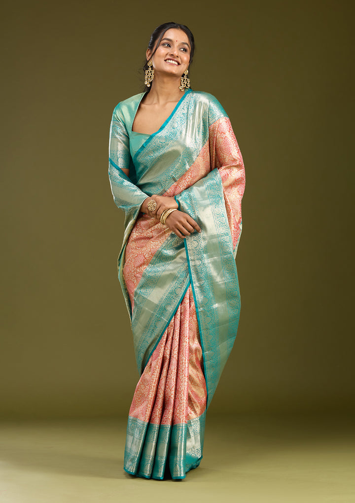 Orange Silk Jaal Gold Zariwork Saree With Matching Blouse Piece