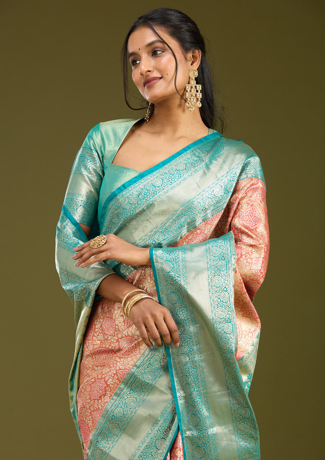 Orange Silk Jaal Gold Zariwork Saree With Matching Blouse Piece