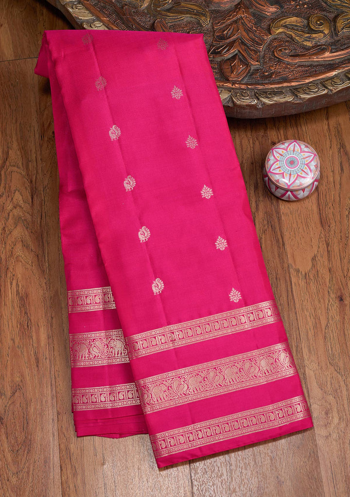 Magenta Pink Pure Silk Buti Gold Zariwork Saree With Matching Blouse Piece