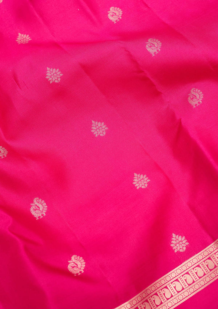 Magenta Pink Pure Silk Buti Gold Zariwork Saree With Matching Blouse Piece