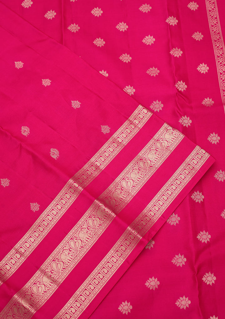Magenta Pink Pure Silk Buti Gold Zariwork Saree With Matching Blouse Piece