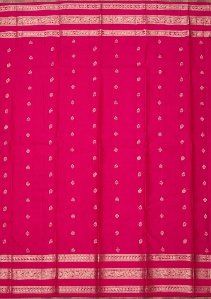 Magenta Pink Pure Silk Buti Gold Zariwork Saree With Matching Blouse Piece