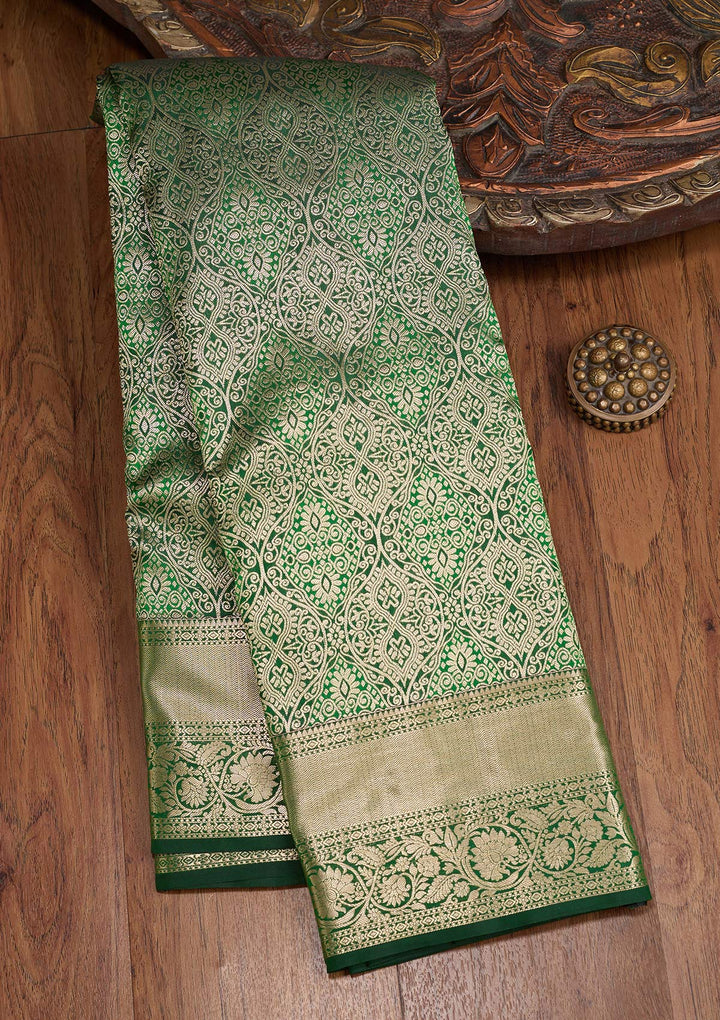 Bottle Green Pure Silk Jaal Silver Zariwork Saree With Matching Blouse Piece