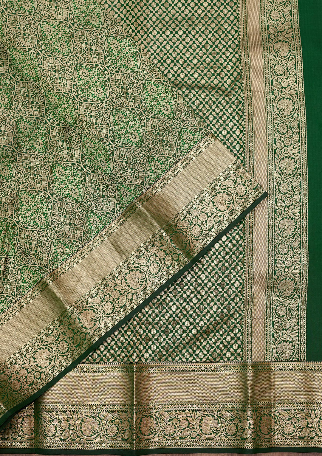 Bottle Green Pure Silk Jaal Silver Zariwork Saree With Matching Blouse Piece
