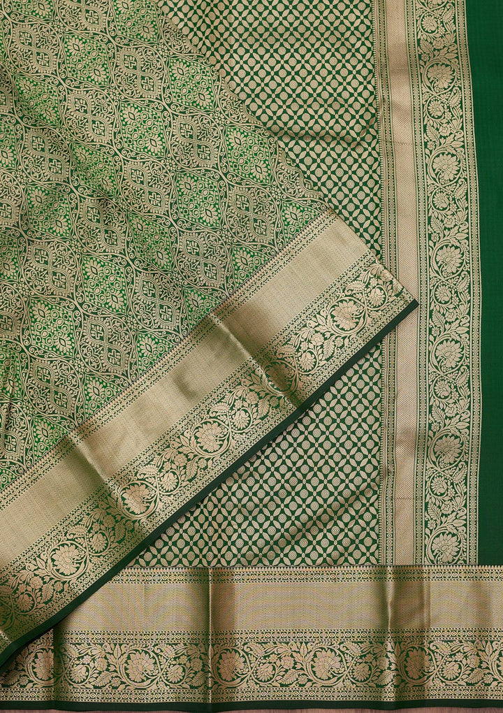 Bottle Green Pure Silk Jaal Silver Zariwork Saree With Matching Blouse Piece