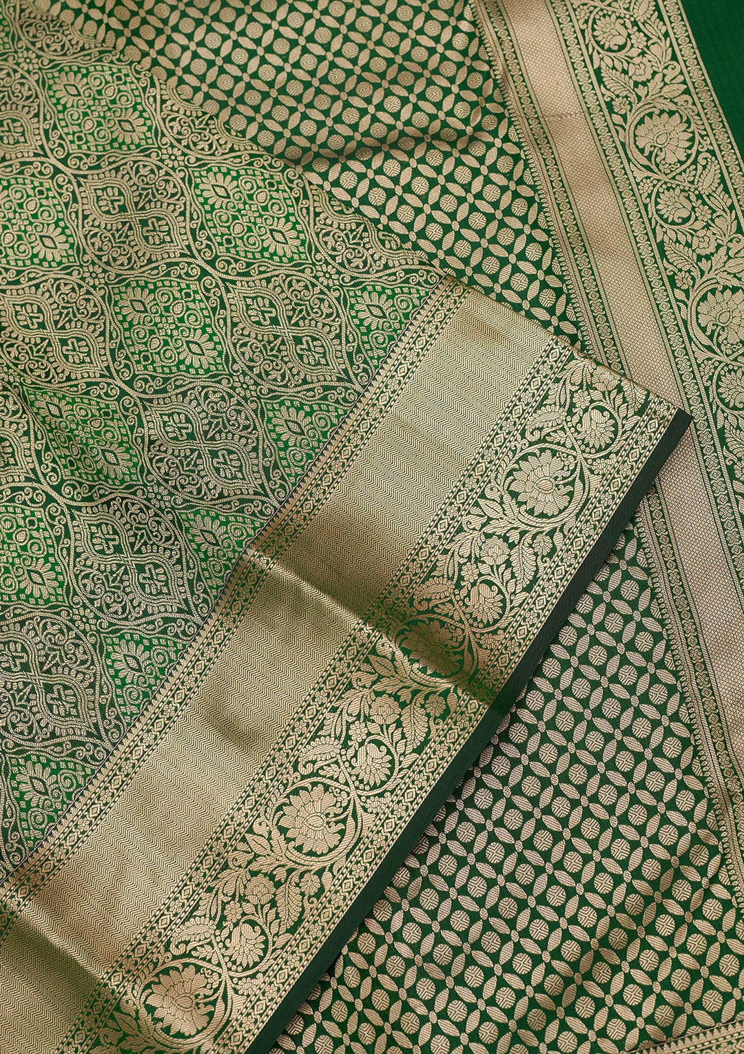Bottle Green Pure Silk Jaal Silver Zariwork Saree With Matching Blouse Piece