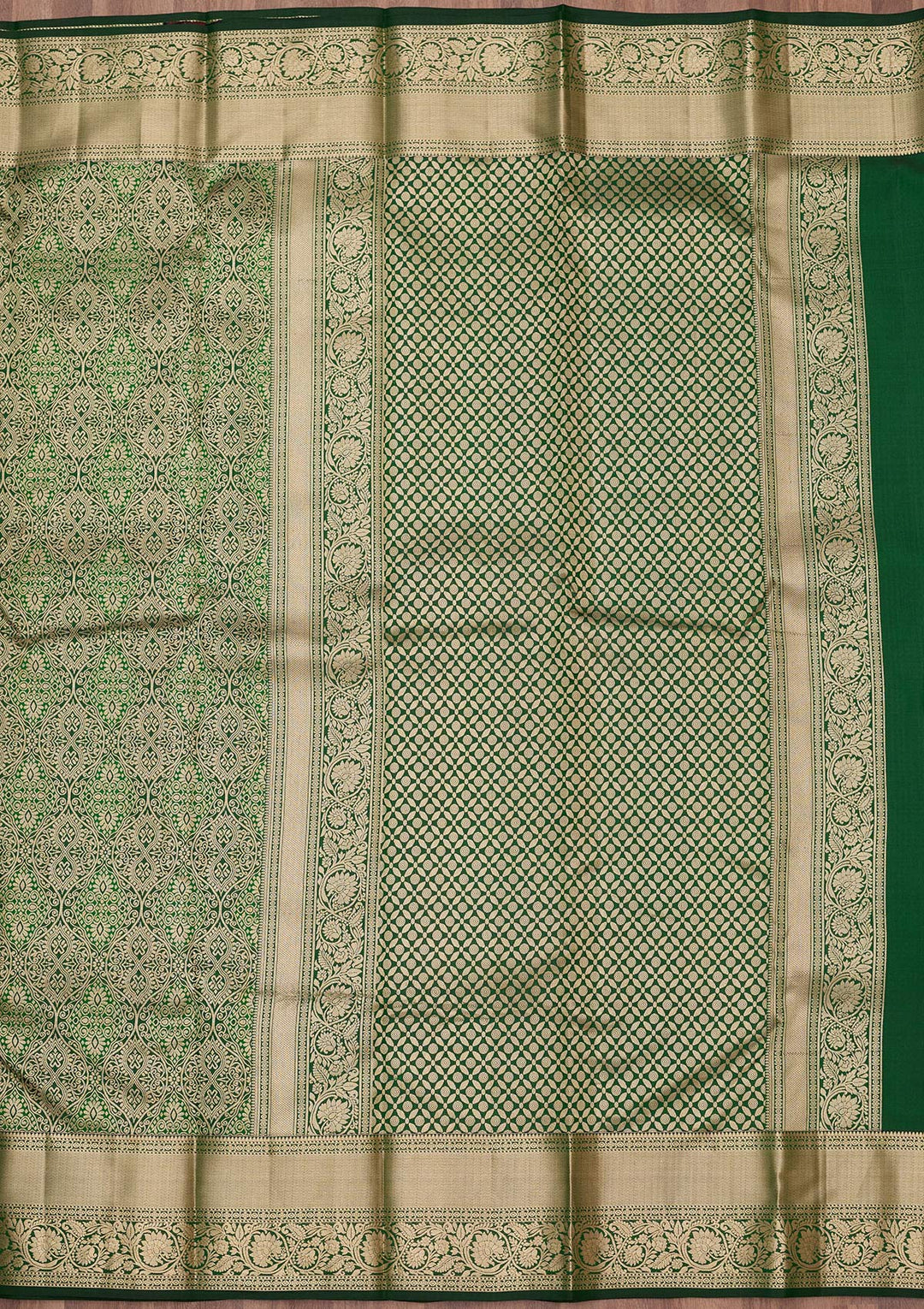 Bottle Green Pure Silk Jaal Silver Zariwork Saree With Matching Blouse Piece