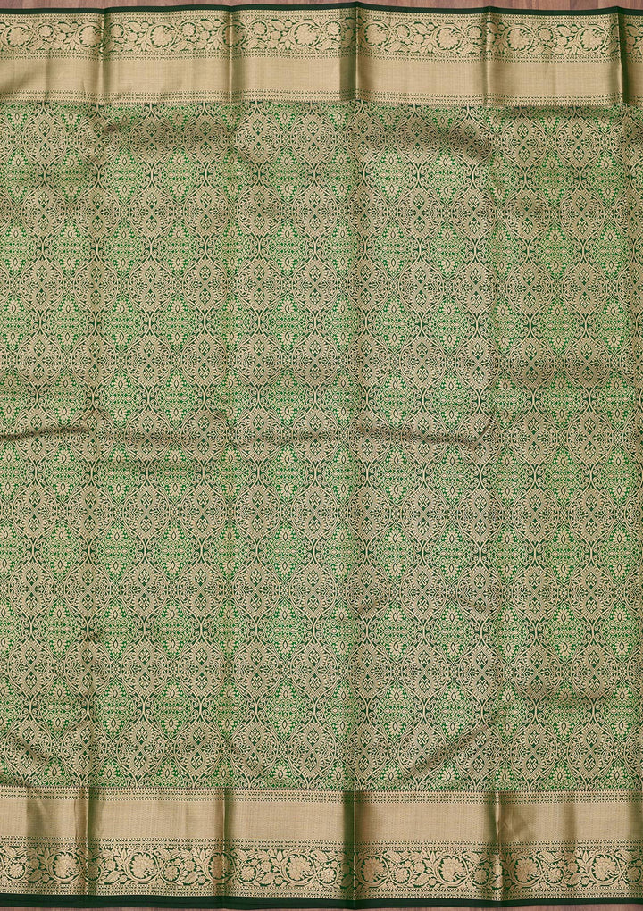 Bottle Green Pure Silk Jaal Silver Zariwork Saree With Matching Blouse Piece