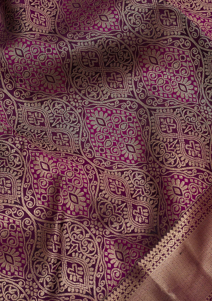 Violet Pure Silk Jaal Silver Zariwork Saree With Matching Blouse Piece