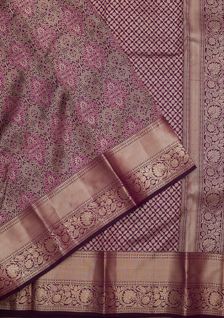 Violet Pure Silk Jaal Silver Zariwork Saree With Matching Blouse Piece