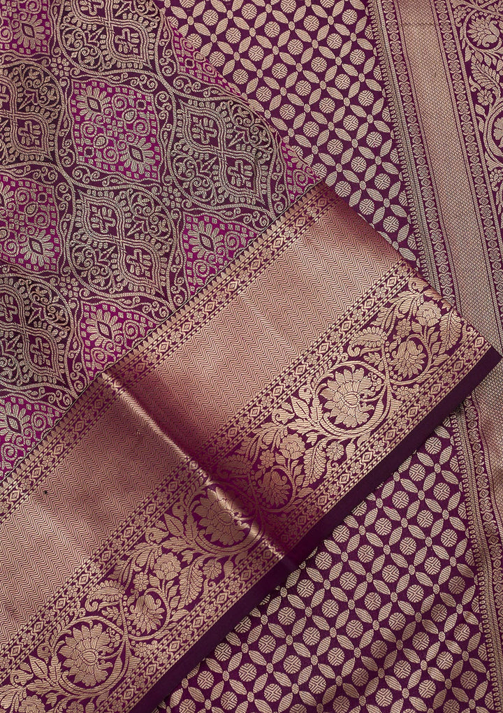 Violet Pure Silk Jaal Silver Zariwork Saree With Matching Blouse Piece