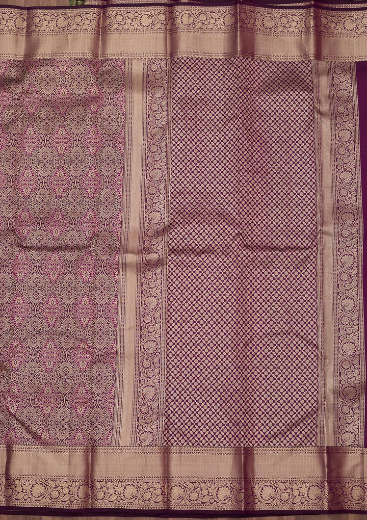 Violet Pure Silk Jaal Silver Zariwork Saree With Matching Blouse Piece