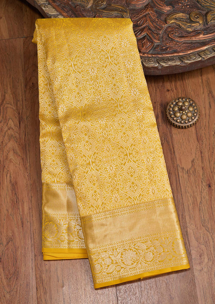 Yellow Pure Silk Jaal Silver Zariwork Saree With Matching Blouse Piece
