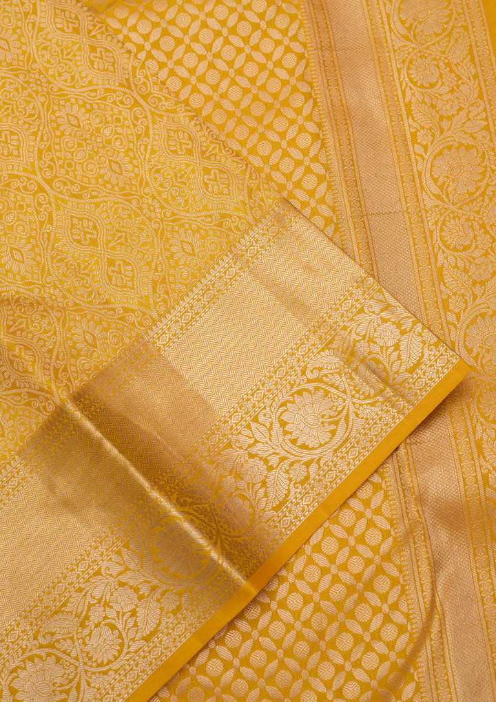 Yellow Pure Silk Jaal Silver Zariwork Saree With Matching Blouse Piece