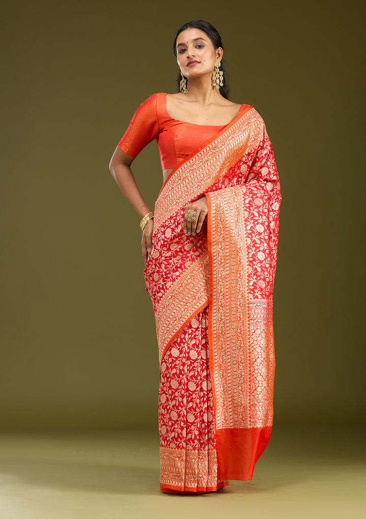 Red Silk Jaal Gold Zariwork Saree With Matching Blouse Piece