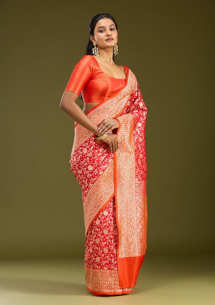 Red Silk Jaal Gold Zariwork Saree With Matching Blouse Piece