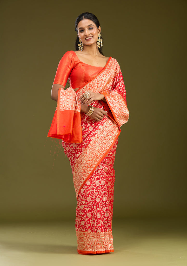 Red Silk Jaal Gold Zariwork Saree With Matching Blouse Piece