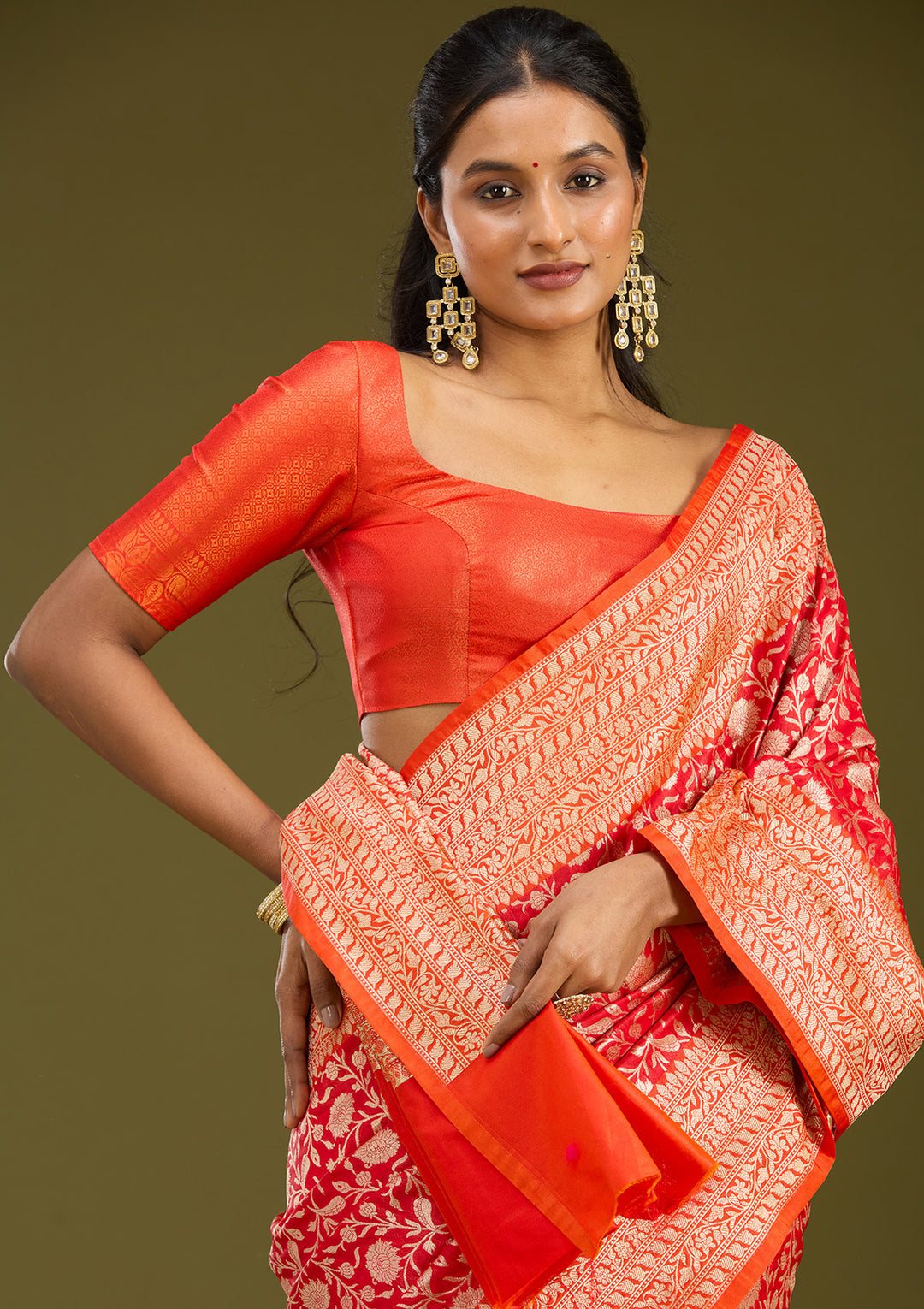 Red Silk Jaal Gold Zariwork Saree With Matching Blouse Piece