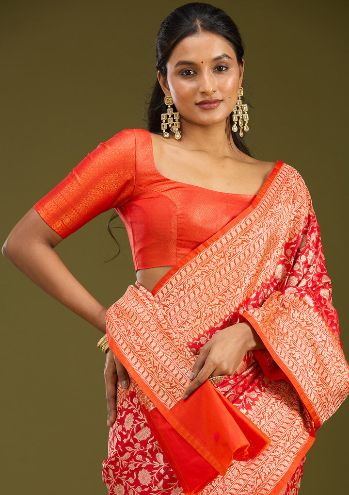 Red Silk Jaal Gold Zariwork Saree With Matching Blouse Piece
