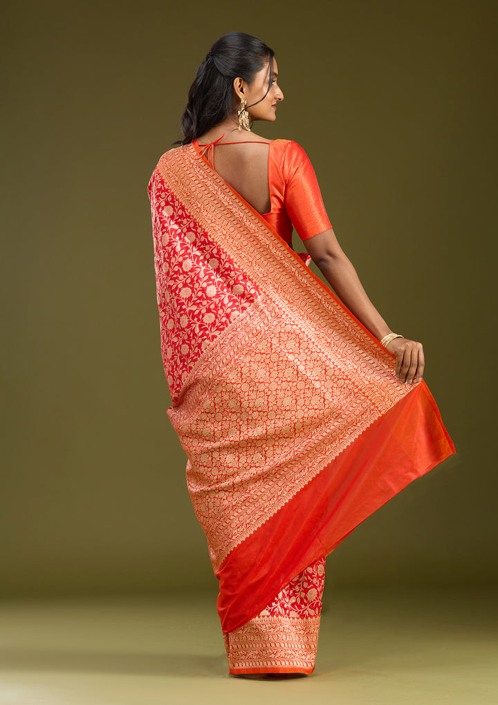 Red Silk Jaal Gold Zariwork Saree With Matching Blouse Piece