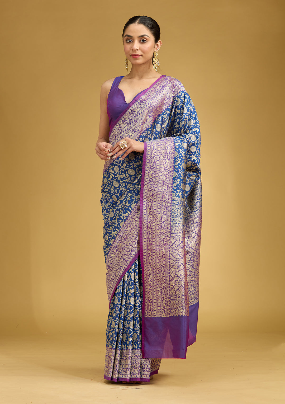 Royal Blue Silk Jaal Gold Zariwork Saree With Matching Blouse Piece