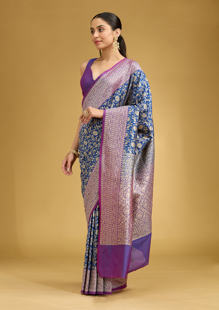 Royal Blue Silk Jaal Gold Zariwork Saree With Matching Blouse Piece