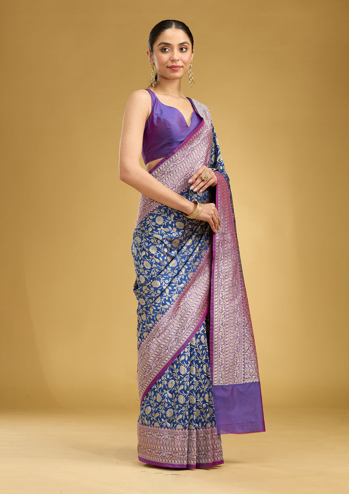 Royal Blue Silk Jaal Gold Zariwork Saree With Matching Blouse Piece