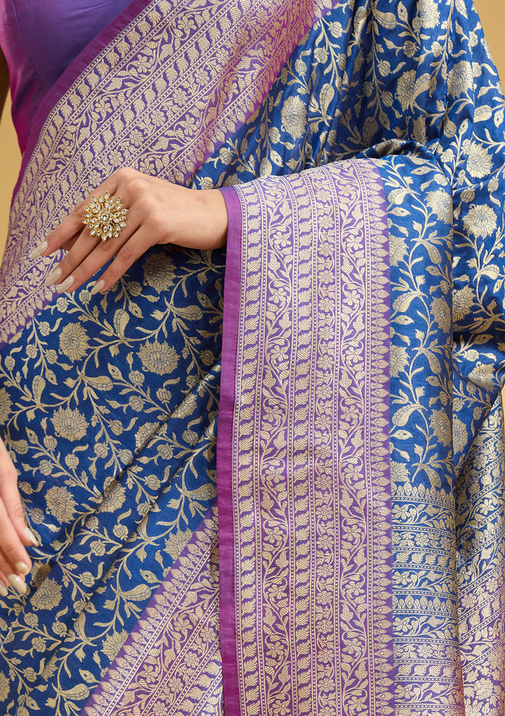 Royal Blue Silk Jaal Gold Zariwork Saree With Matching Blouse Piece