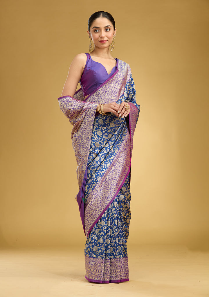 Royal Blue Silk Jaal Gold Zariwork Saree With Matching Blouse Piece